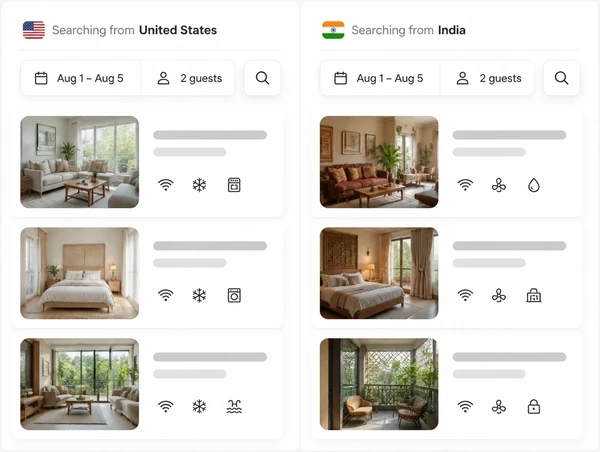 The same search run from two countries showing different results