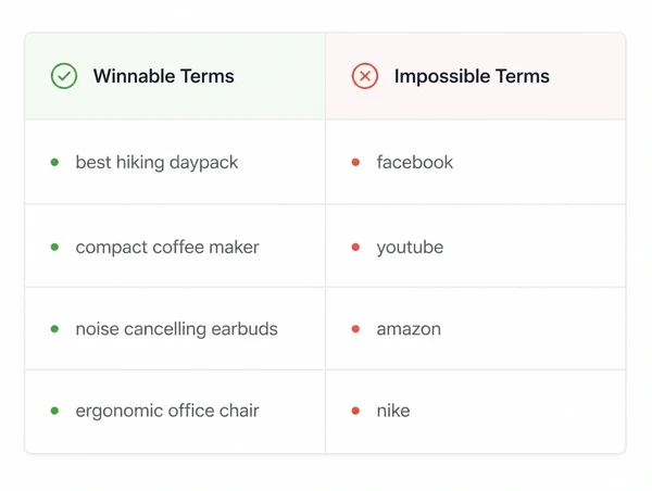 A keyword table separating winnable terms from impossible ones