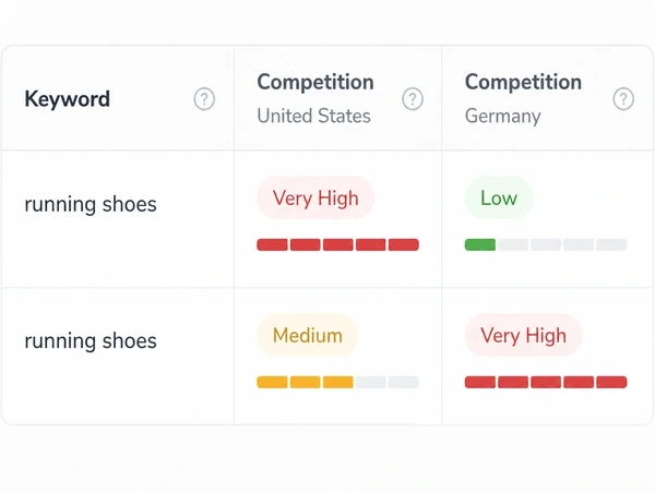 A keyword list showing competition levels for the same term in different markets