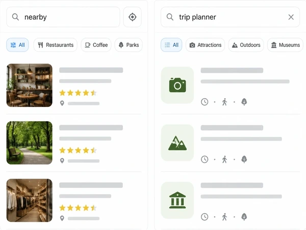 Two search result pages showing how a local and a visitor search differently