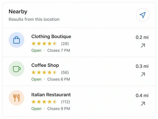 A nearby map result showing which businesses appear from one location