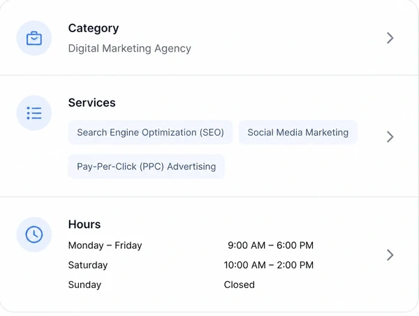A business profile with the correct category, services and hours set