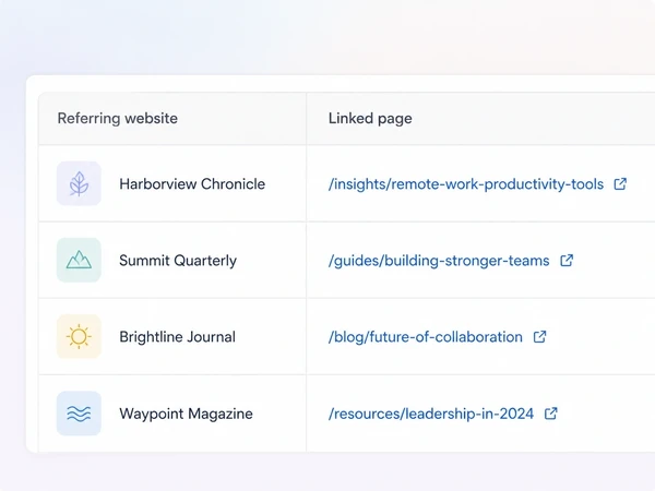 A links report listing each referring site with the page it points at