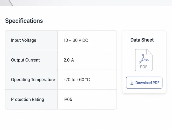 A specification table published on the page with the data sheet alongside