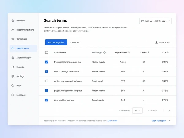 A search terms report showing costly irrelevant searches selected for blocking