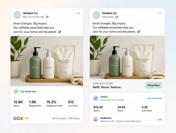 A top performing post beside the same post running as a paid ad