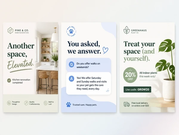 Three social posts: finished work, a customer question answered, and an offer