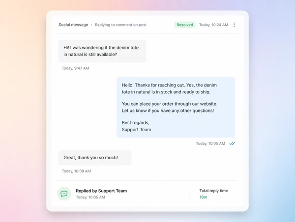 A social inbox showing customer questions with approved replies sent the same day