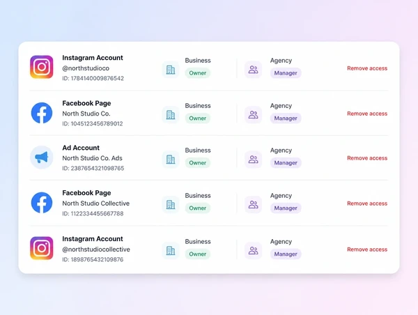 An account roles panel listing the business as owner and an agency as manager