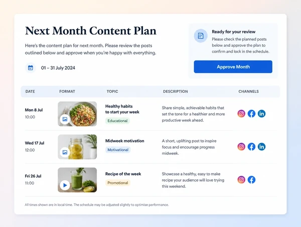 A monthly content plan sent for client sign off with each post listed for approval