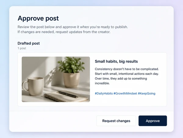 A post approval screen with approve and request changes buttons on a drafted post