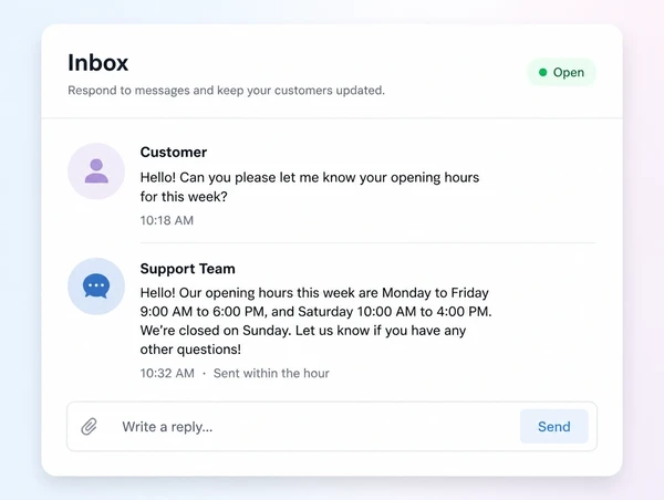 A social inbox thread where a customer question is answered within the hour
