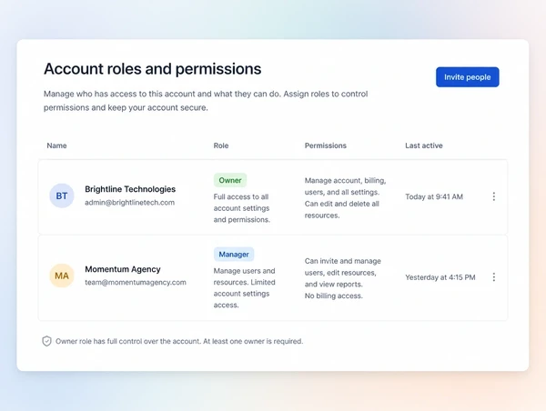 An account roles panel showing the business as owner and an agency as manager