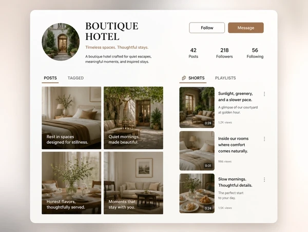 A hotel feed and a short video account side by side with different content on each