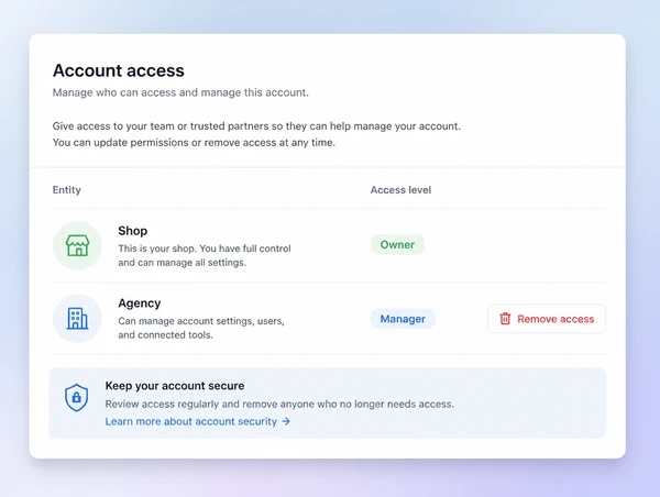 An account access panel with the shop listed as owner and an agency as manager
