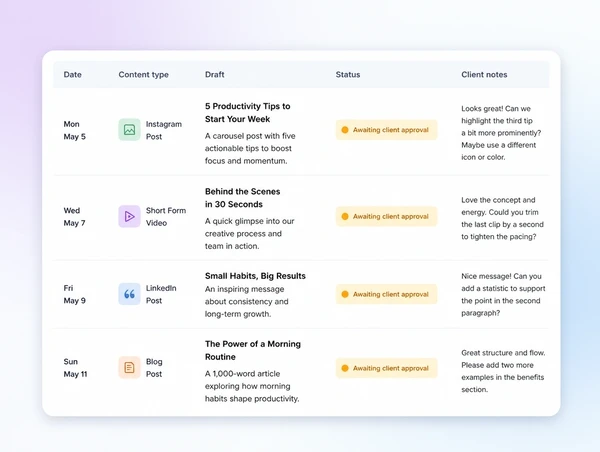 A monthly content plan with each draft post marked awaiting client approval
