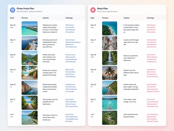 Two social accounts shown side by side with different posts produced for each