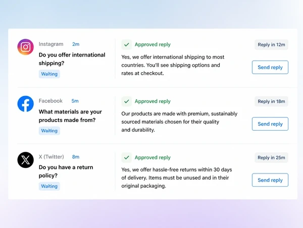 A social inbox with approved reply wording shown beside each waiting conversation