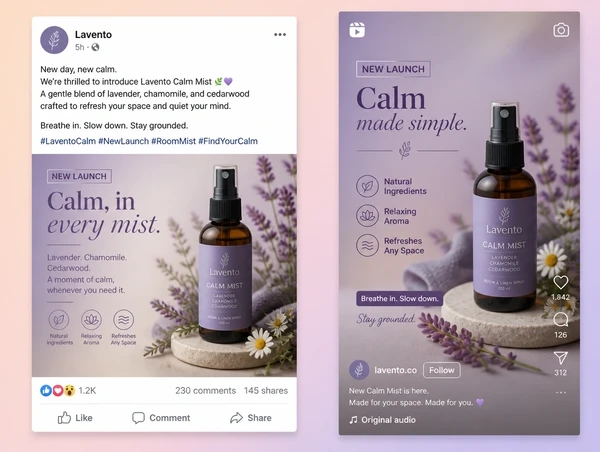 One supplier message shown as a feed post and as a short video, each written for its platform