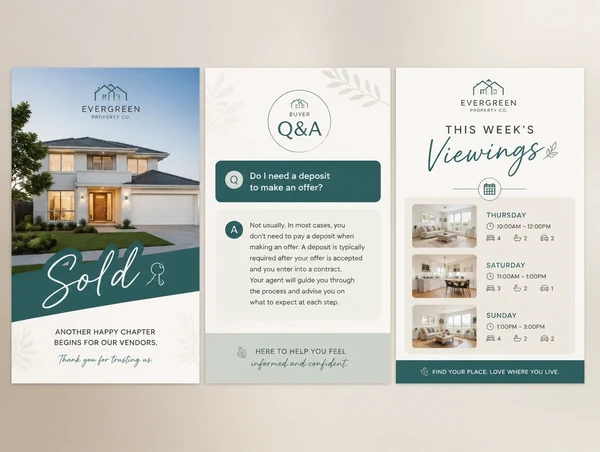 Three social posts side by side: a finished job, a customer question answered, and this week's offer