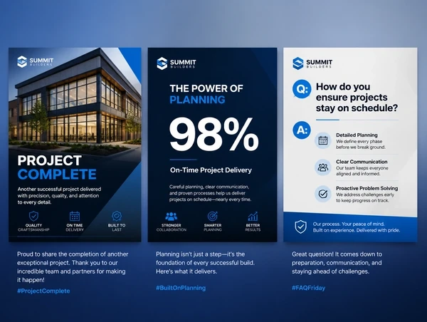 Three business posts side by side: a finished project, a results figure, and a direct answer