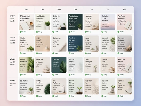 A four week publishing calendar with every post written, designed and marked ready