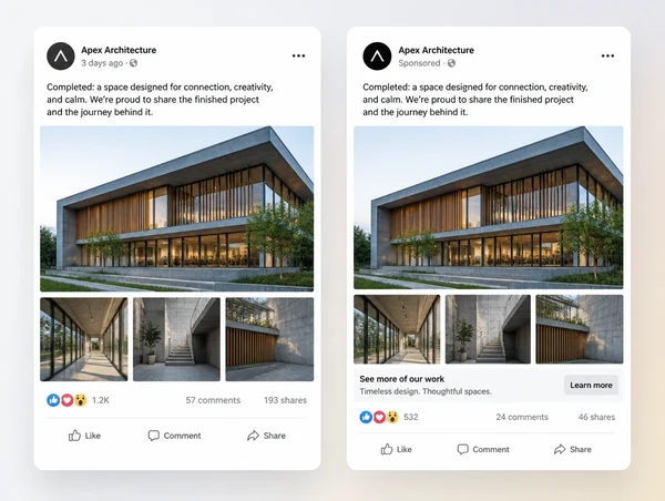 A best performing business post shown beside the same post running as a promoted advert