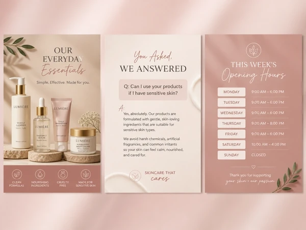 Three social posts side by side: finished work, a common question answered, and this week's offer