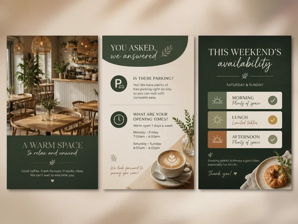 Three cafe posts side by side: the dining room, a question answered, and this weekend's availability