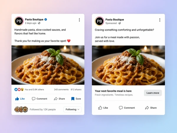 A high performing restaurant post shown beside the same post promoted as a paid advert