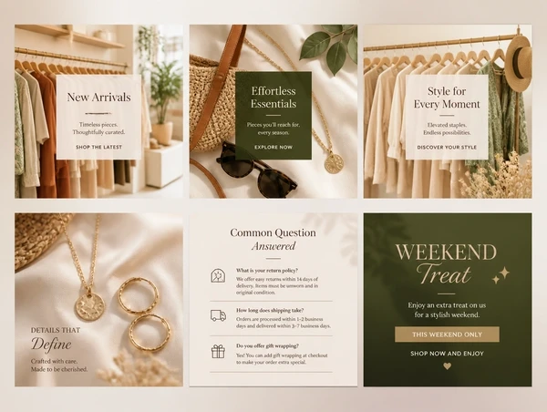 Three shop social posts: finished work, a common customer question, and a dated offer