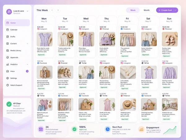 A social scheduling queue with a full week of shop posts approved and timed