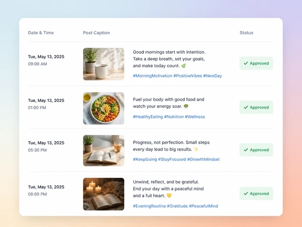 A month of scheduled social posts in a planner with every day filled and approved