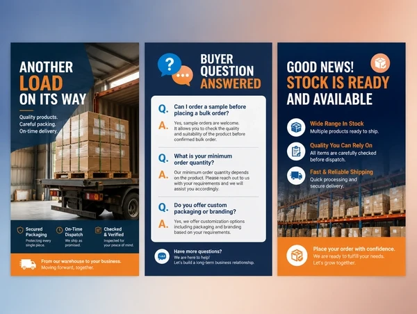 Three supplier social posts: a loaded pallet, an answered buyer question, and a stock offer