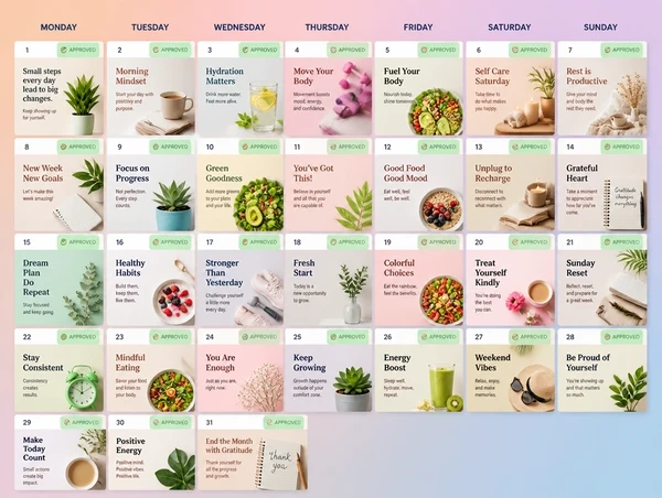 A full month of social posts laid out in a calendar with every slot marked approved