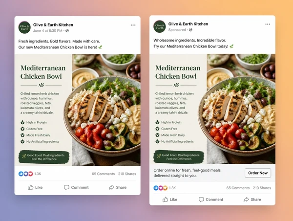 A top performing business post shown beside the same post running with paid reach