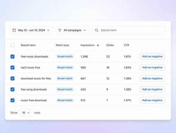 A search terms report with unwanted searches ticked ready to be blocked