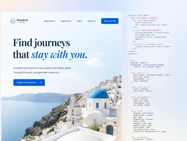 A travel website hero section beside the code and styles that build it