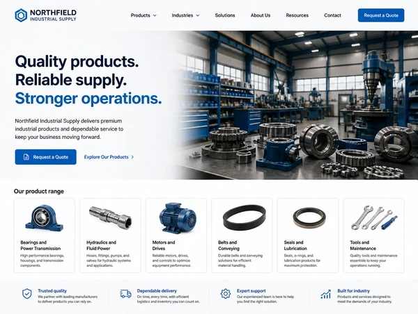 An industrial supplier homepage with a workshop photograph, the product range and a quote button
