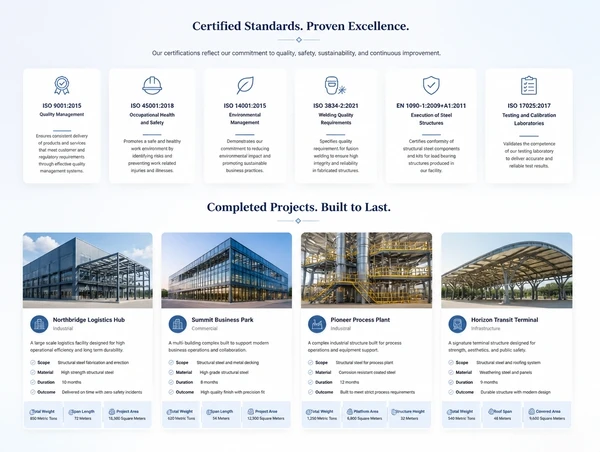 A supplier certifications page with standards listed beside completed project photographs