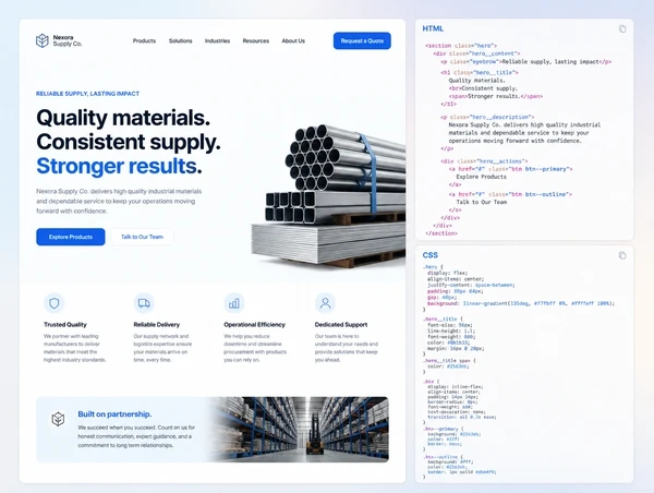 A supplier website hero beside the code and styles that build it