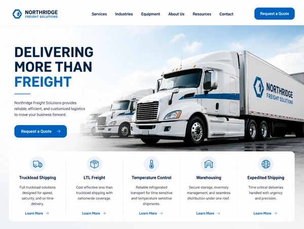 A freight company homepage with a photograph of its own trucks, the services named and a request button