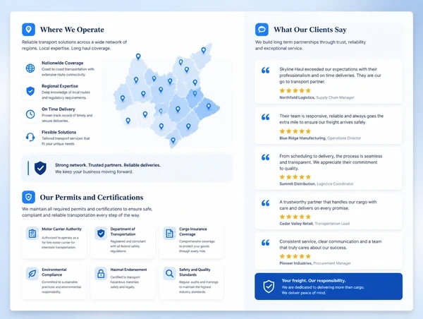 A transport company page listing coverage areas and permits beside customer reviews