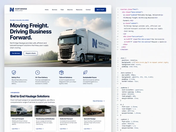 A haulage company website hero beside the code and styles that build it