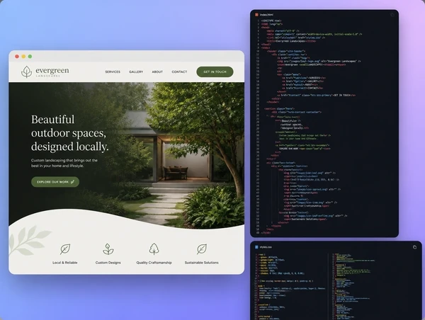 A local business website hero beside the code and styles that build it
