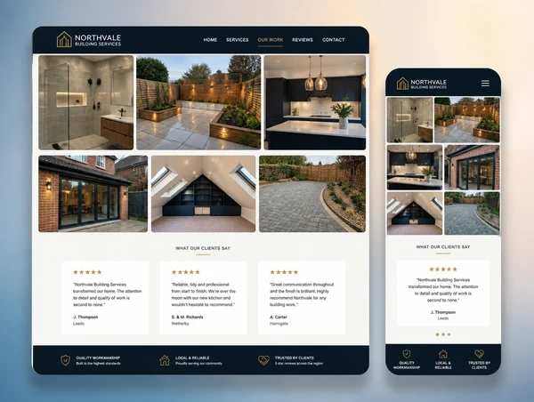 A local trades homepage showing finished work photographs above customer reviews