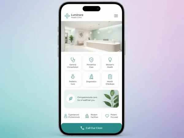 A clinic website filling a phone screen with a call button fixed along the bottom