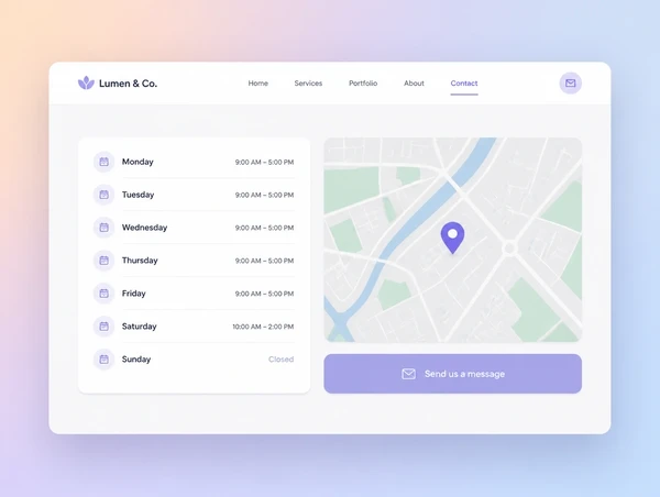 A contact page listing hours for every day beside a map pin and a message form