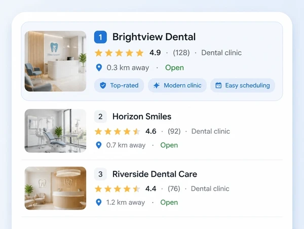 Search results showing a Johor Bahru dental practice above nearby competitors
