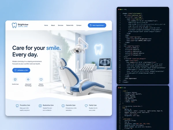 A dental practice website hero shown next to the markup behind it